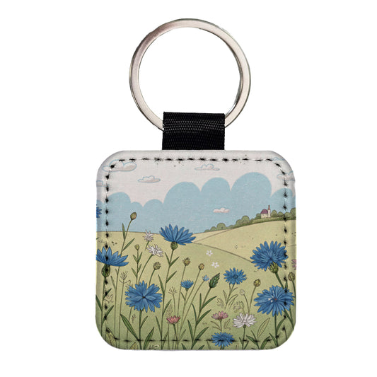 Field Of Cornflowers Flowers Square Faux Leather Keychain