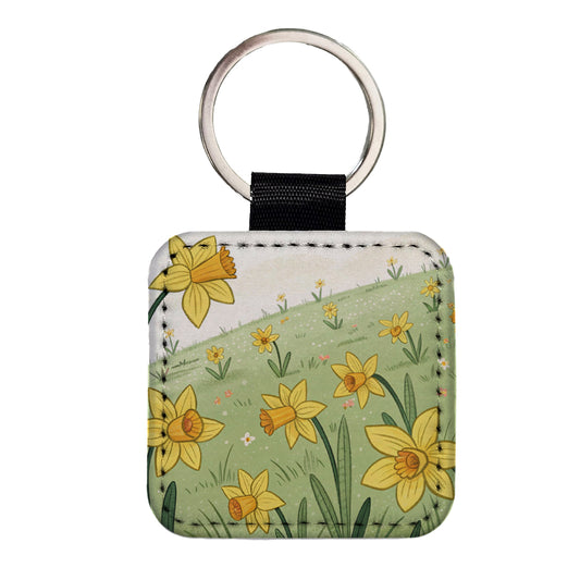 Field Of Daffodils Flowers Square Faux Leather Keychain