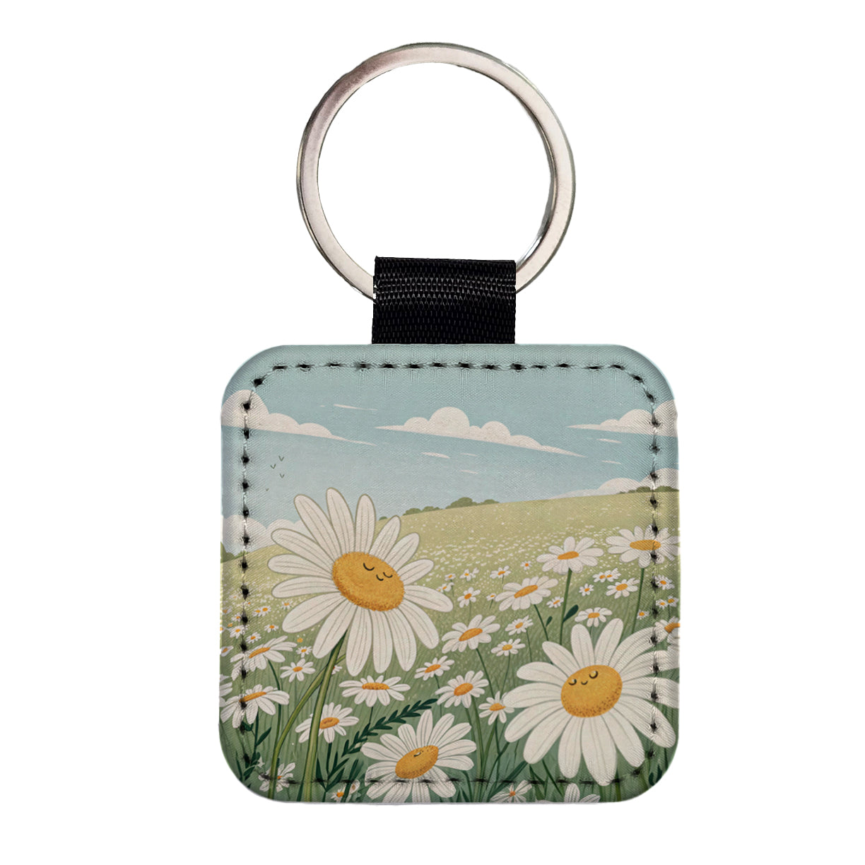Field Of Daisies Daisy Flowers Square Faux Leather Keychain