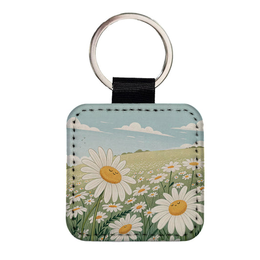 Field Of Daisies Daisy Flowers Square Faux Leather Keychain