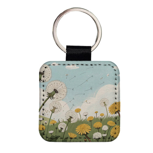 Field Of Dandelions Flowers Square Faux Leather Keychain