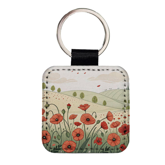 Field Of Poppies Poppy Flowers Square Faux Leather Keychain