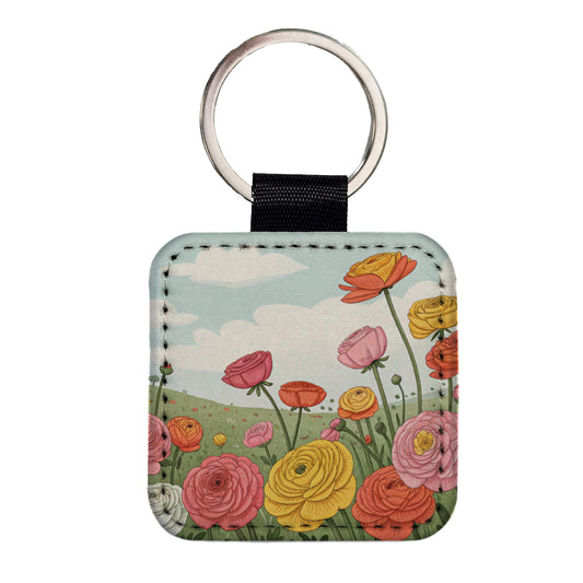 Field Of Ranunculus Flowers Square Faux Leather Keychain