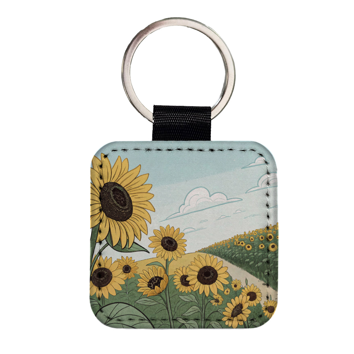 Field Of Sunflowers Flowers Square Faux Leather Keychain