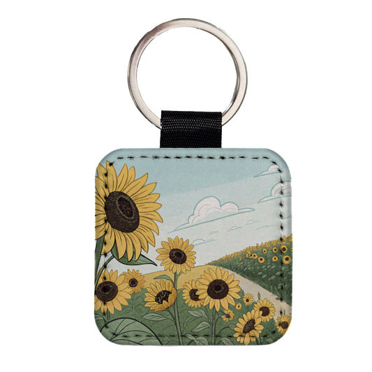 Field Of Sunflowers Flowers Square Faux Leather Keychain