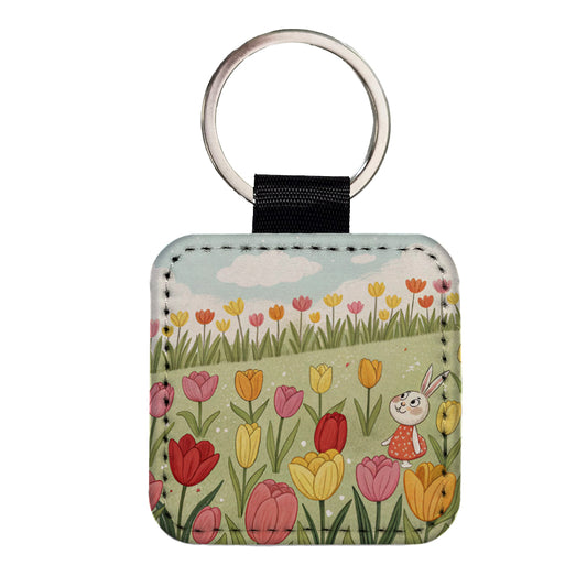Field Of Tulips And Bunny Flowers Square Faux Leather Keychain