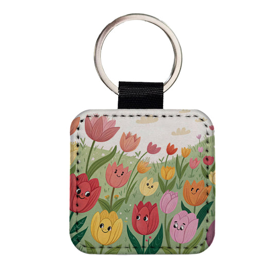 Field Of Tulips Flowers Square Faux Leather Keychain