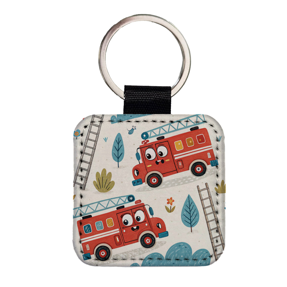 Firetrucks Cartoon Style Square Faux Leather Keychain