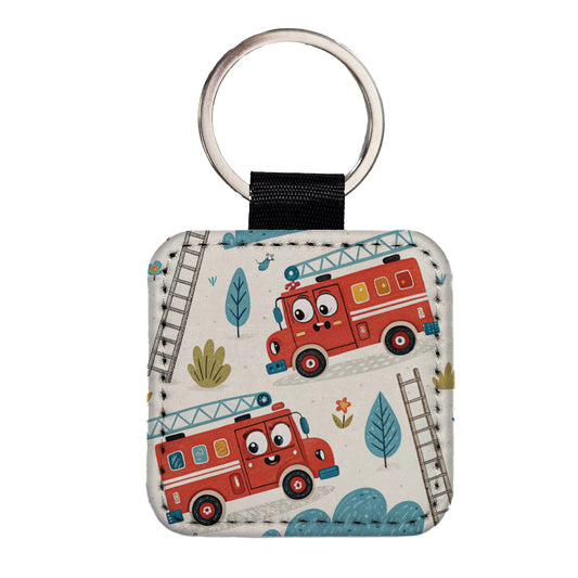 Firetrucks Cartoon Style Square Faux Leather Keychain