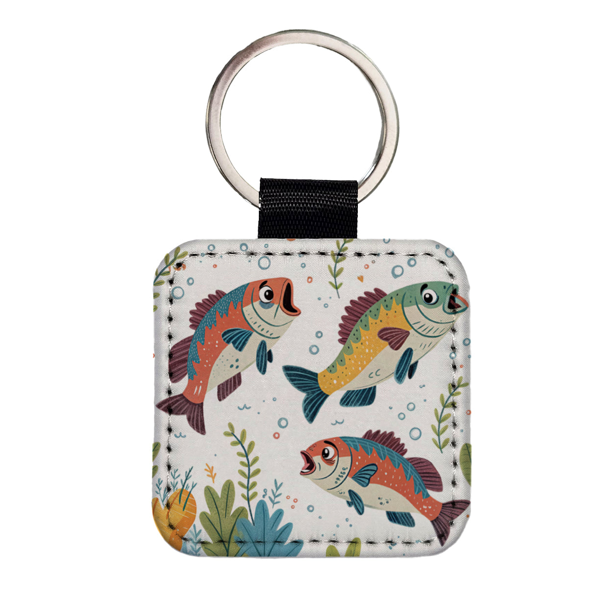 Fish Fishing Cute Cartoon Square Faux Leather Keychain