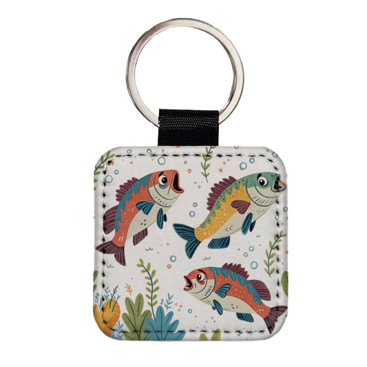 Fish Fishing Cute Cartoon Square Faux Leather Keychain