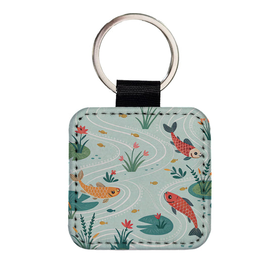 Fish Swimming In Pond Square Faux Leather Keychain