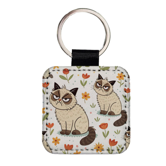 Grumpy Persian Cat Square Faux Leather Keychain