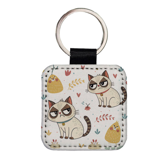 Grumpy Persian Kitties Cats Square Faux Leather Keychain