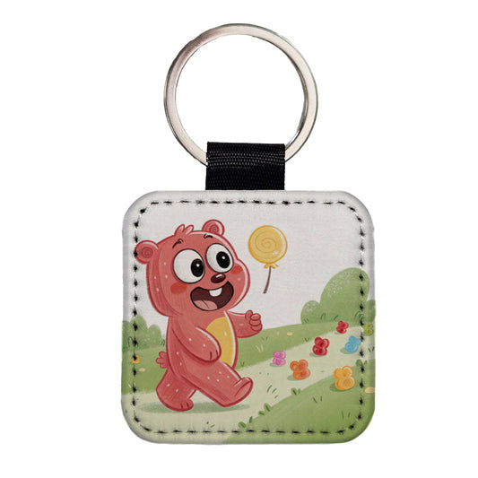 Gummi Bear Walking Square Faux Leather Keychain