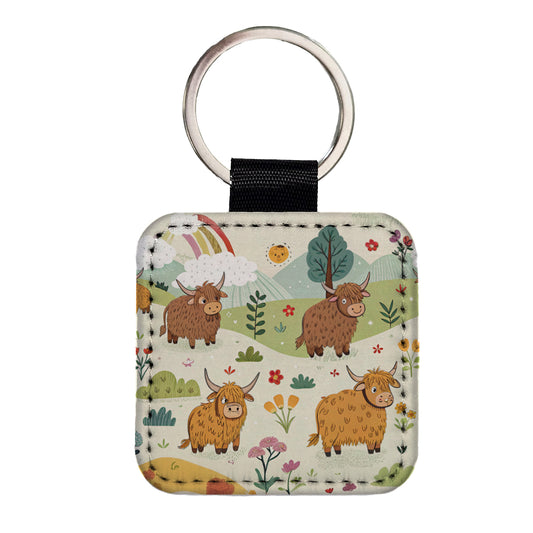 Highland Cows Scattered Square Faux Leather Keychain