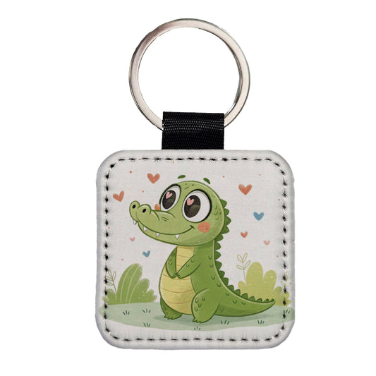 Kawaii Alligator Crocodile Love Hearts Square Faux Leather Keychain