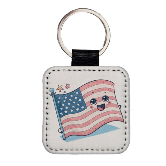 Kawaii American USA Flag Square Faux Leather Keychain