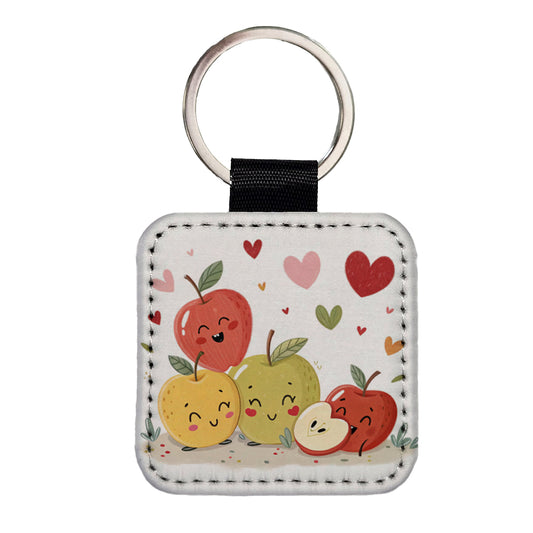 Kawaii Apples And Hearts Square Faux Leather Keychain