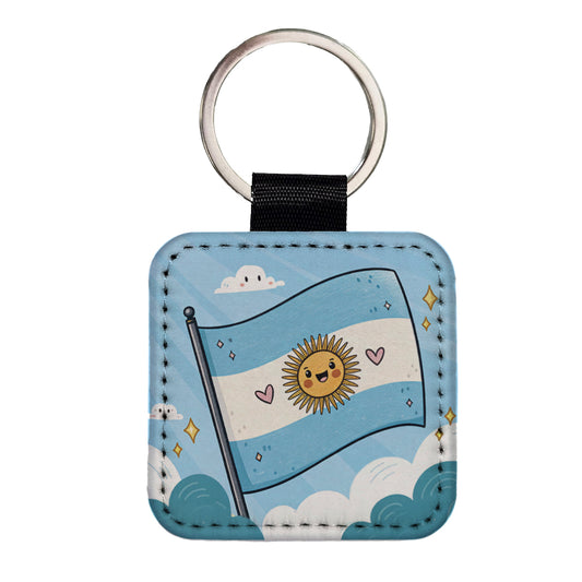 Kawaii Argentina Flag Square Faux Leather Keychain
