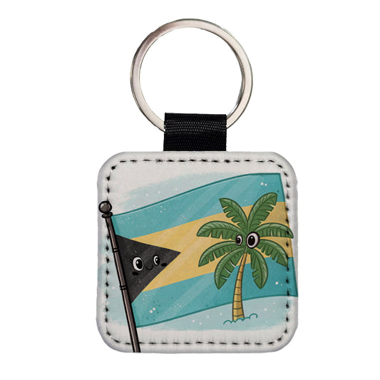 Kawaii Bahamas Flag Square Faux Leather Keychain