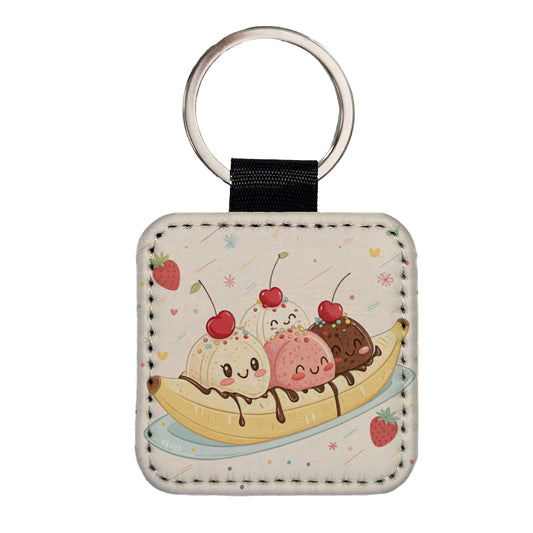 Kawaii Banana Split Ice Cream Square Faux Leather Keychain