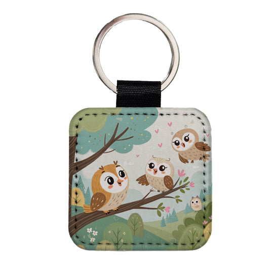 Kawaii Barn Owls Square Faux Leather Keychain