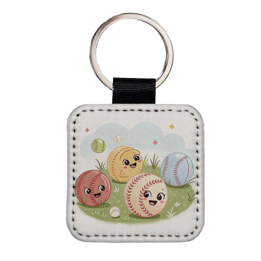 Kawaii Baseballs Square Faux Leather Keychain