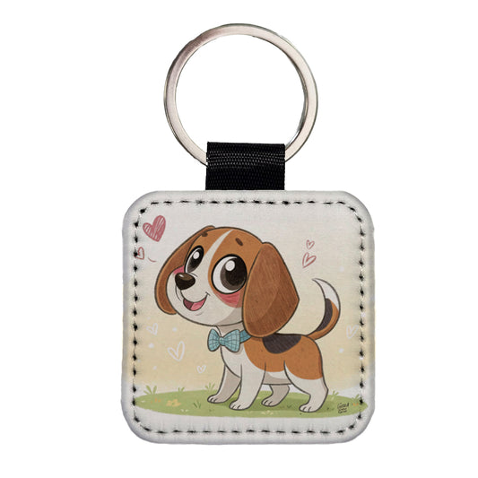Kawaii Beagle Dog Square Faux Leather Keychain