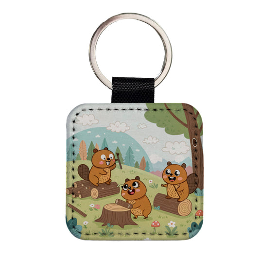 Kawaii Beavers Square Faux Leather Keychain