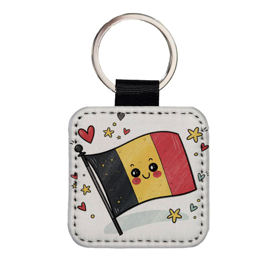 Kawaii Belgium Flag Square Faux Leather Keychain