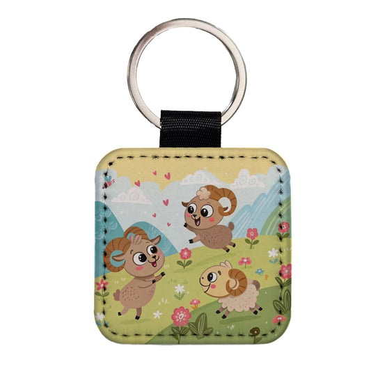 Kawaii Bighorn Sheep Square Faux Leather Keychain