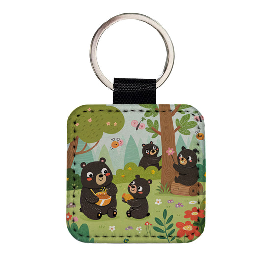 Kawaii Black Bears Square Faux Leather Keychain