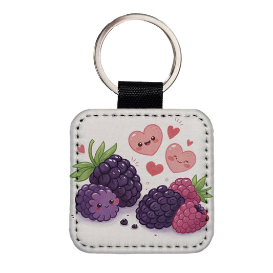 Kawaii Blackberries And Hearts Square Faux Leather Keychain