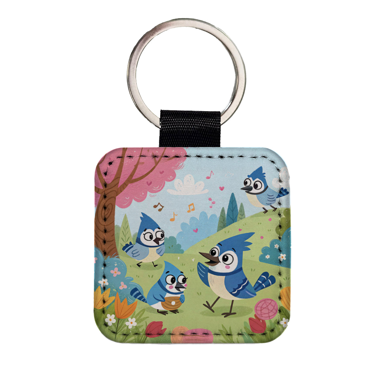 Kawaii Blue Jays Birds Square Faux Leather Keychain
