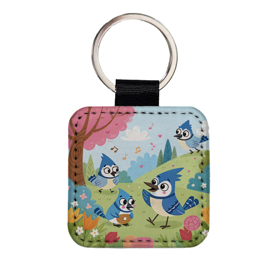Kawaii Blue Jays Birds Square Faux Leather Keychain