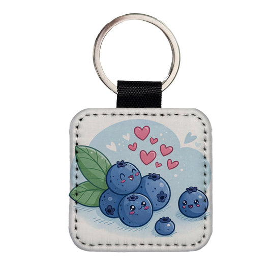 Kawaii Blueberries And Hearts Square Faux Leather Keychain