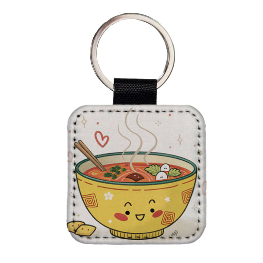 Kawaii Bowl Of Soup Square Faux Leather Keychain