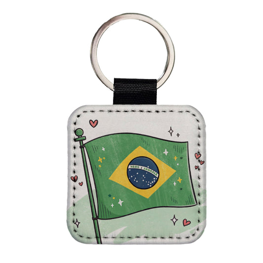 Kawaii Brazil Flag Square Faux Leather Keychain