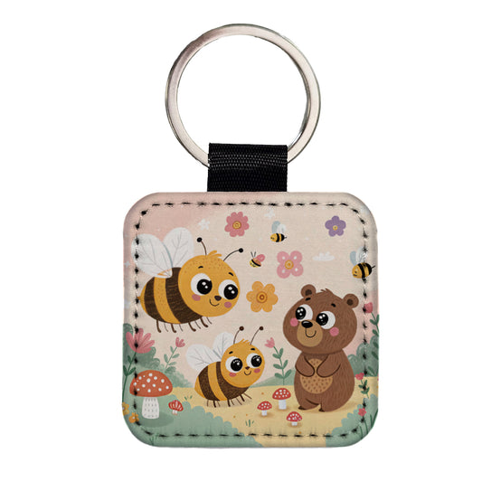 Kawaii Bumble Bees Bear Square Faux Leather Keychain