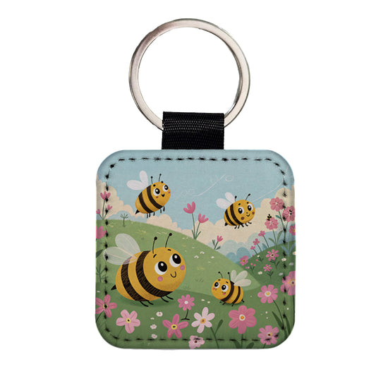 Kawaii Bumble Bees Square Faux Leather Keychain