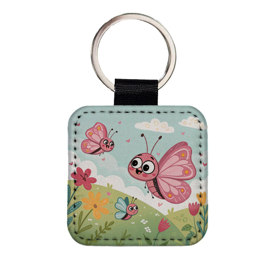 Kawaii Butterflies Square Faux Leather Keychain