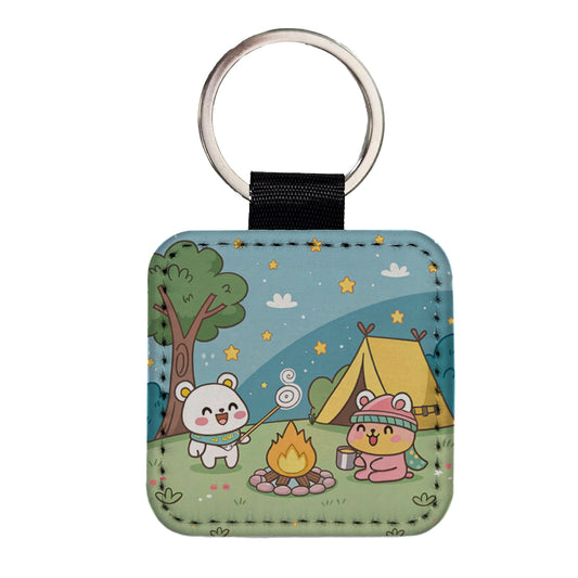 Kawaii Camping Campfire Tent Square Faux Leather Keychain