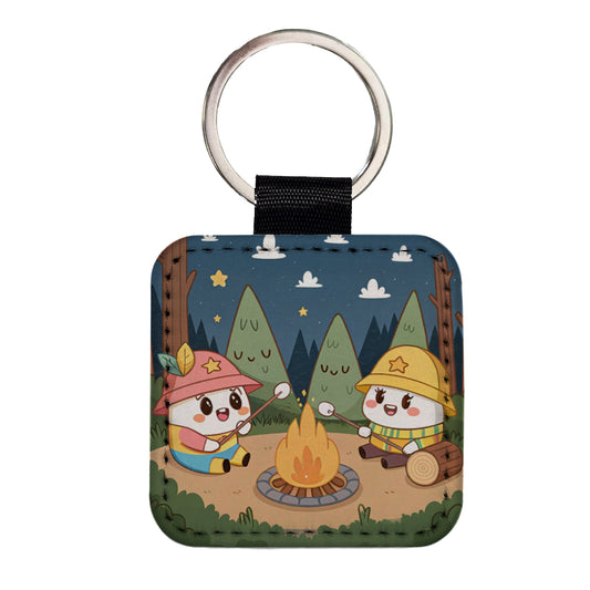 Kawaii Camping Roasting Marshmallows Square Faux Leather Keychain