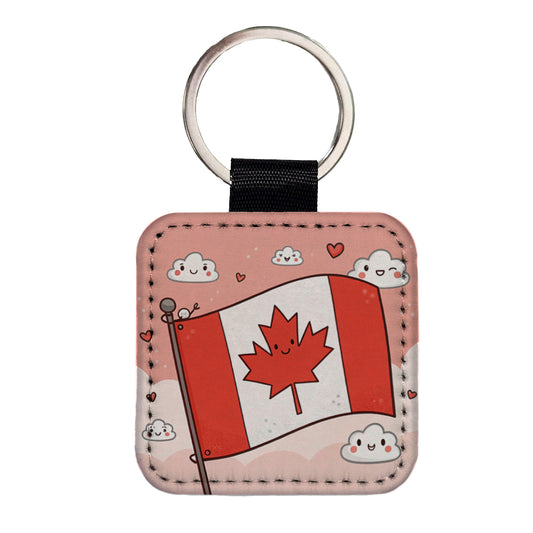 Kawaii Canada Flag Square Faux Leather Keychain
