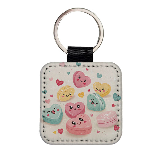 Kawaii Candies And Hearts Valentine's Day Square Faux Leather Keychain