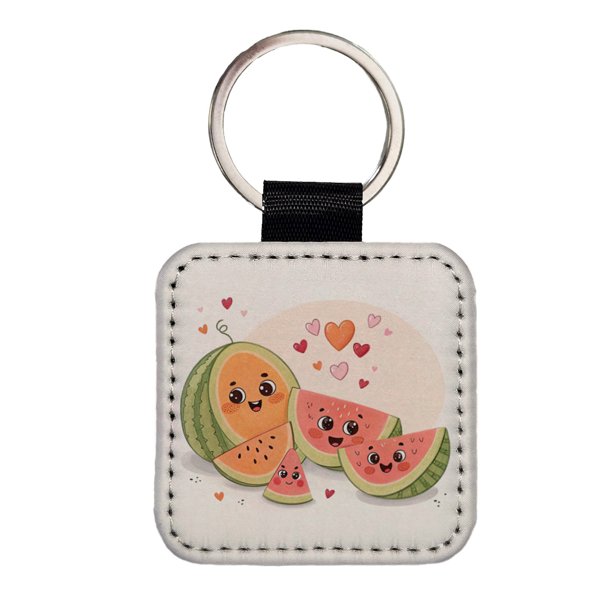 Kawaii Cantaloupes Watermelon Hearts Square Faux Leather Keychain