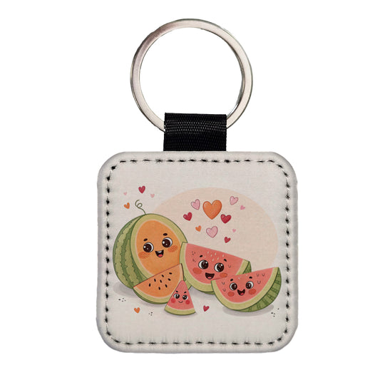 Kawaii Cantaloupes Watermelon Hearts Square Faux Leather Keychain