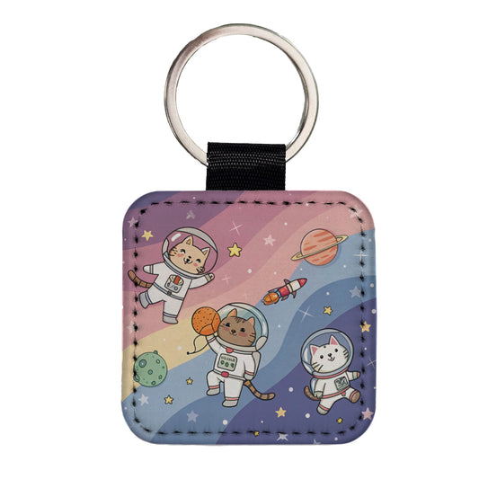 Kawaii Cat Astronauts Square Faux Leather Keychain
