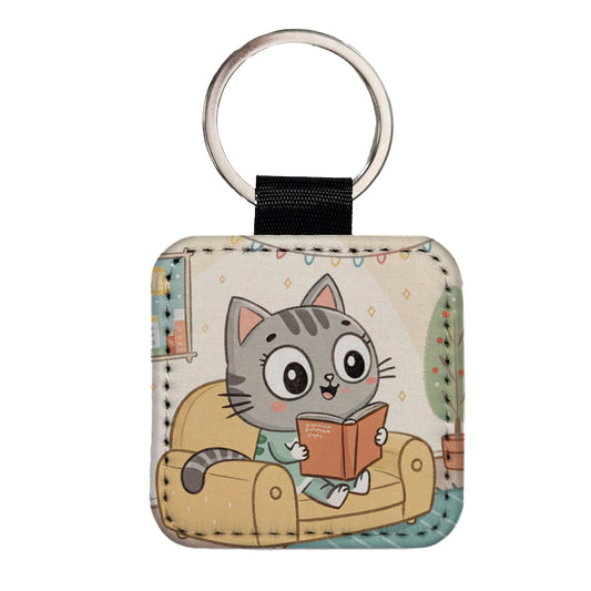 Kawaii Cat Reading Book On Couch Reader Square Faux Leather Keychain